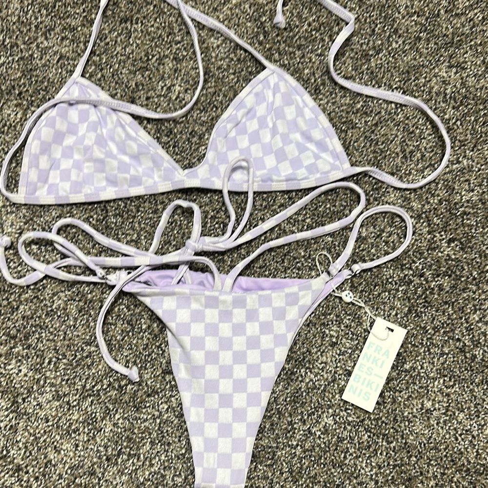 Frankie's Bikinis Lavender and White Check Triangle Bikini Set